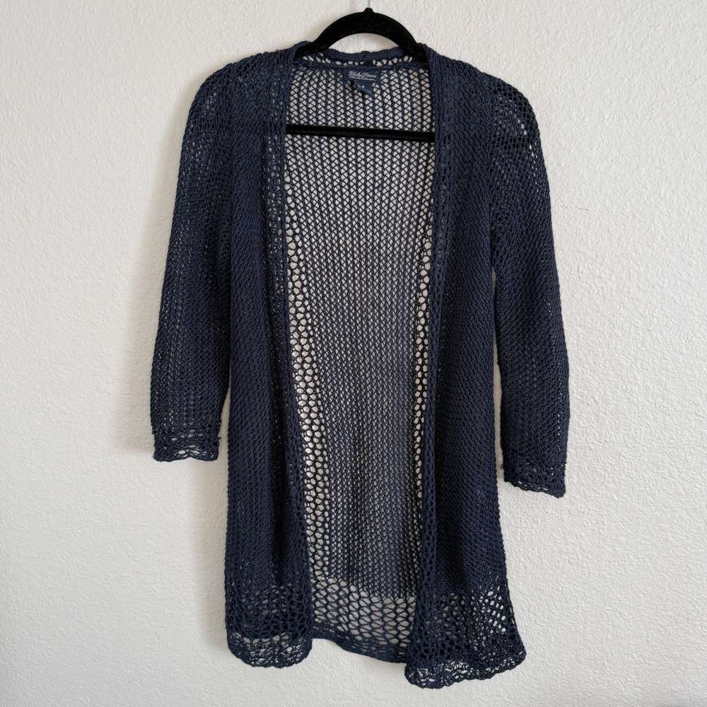 Womens Small Coastal Fisherman Navy Crochet Cardigan Preppy Old Money Layer Boho